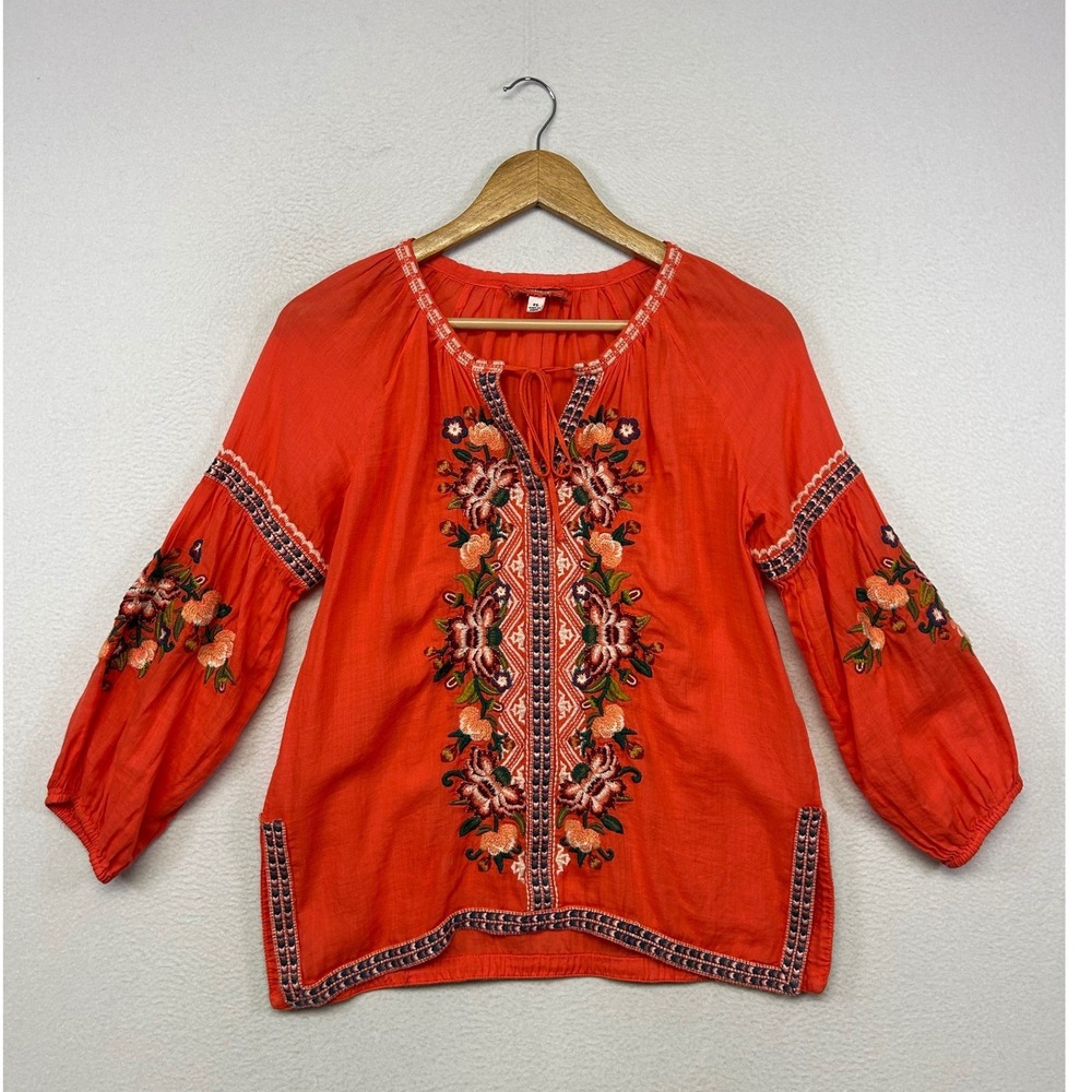 Boho Johnny Was Workshop Womens XS Orange Embroidered Ramie Peasant Blouse